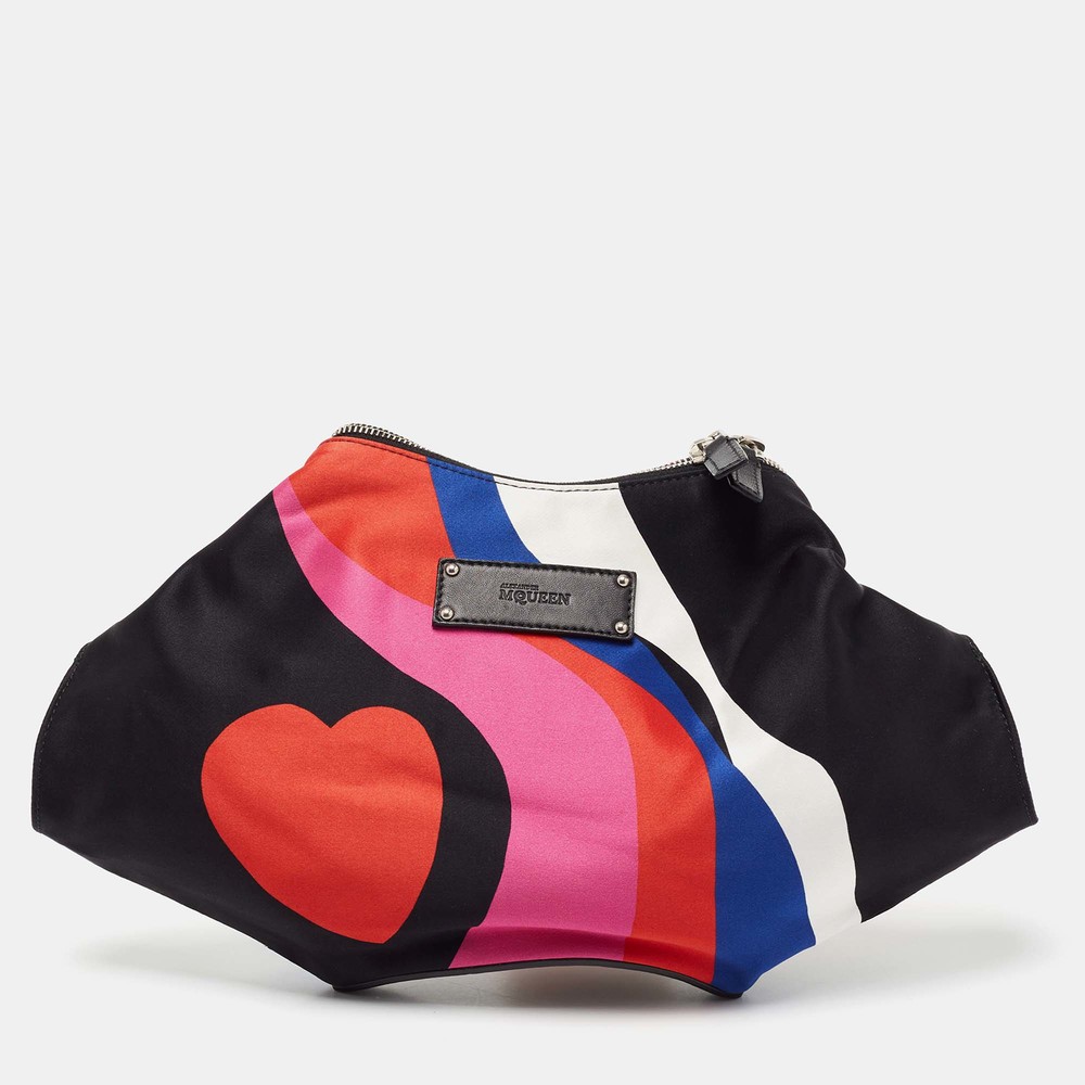 ALEXANDER MCQUEEN Black Heart Print Satin And Leather Medium De Manta Clutch